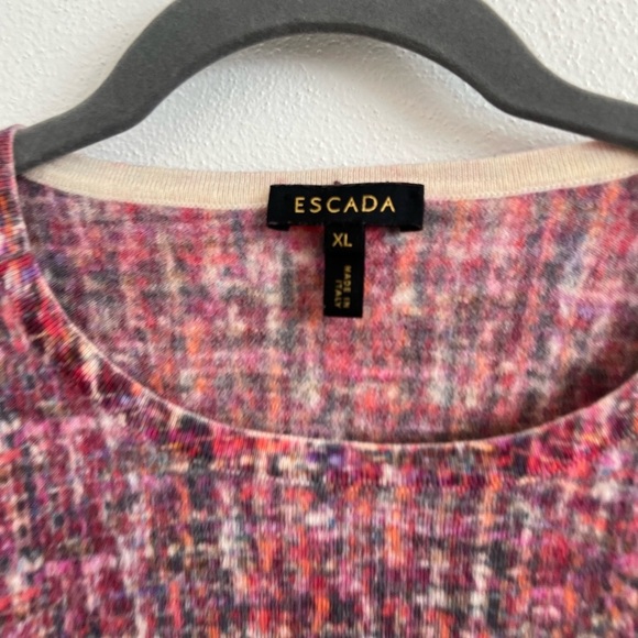 Escada Wool Pink Plaid Tweed Print Sweater with 3/4 Sleeves, size XL - Picture 3 of 5